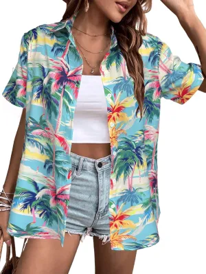 Hawaiian Shirts Women Hawaii Tshirt Cool Floral Tropic Print Graphic Tees Tops Button Up Summer Vacation Shirt