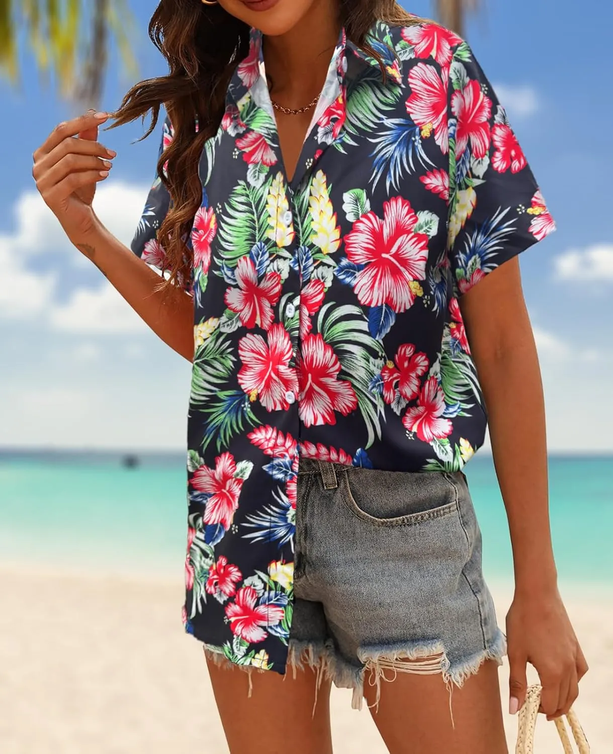 Hawaiian Shirts Women Hawaii Tshirt Cool Floral Tropic Print Graphic Tees Tops Button Up Summer Vacation Shirt