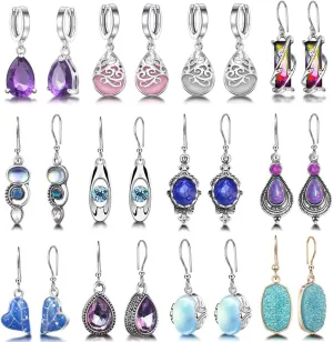 Hefanny 12 Pairs Teardrop Druse Crystal Drop Dangle Earrings for Women Cubic Zirconia Huggie Hoop Earring Jewelry Set Christmas Gifts