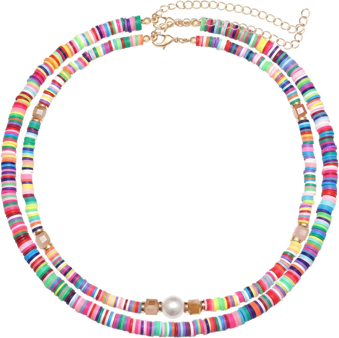 Heishi Surfer Choker Lightweight Rainbow African Vinyl Disc Beads Pearl Layered Necklace Boho Summer Beach Surf Jewelry For Women
