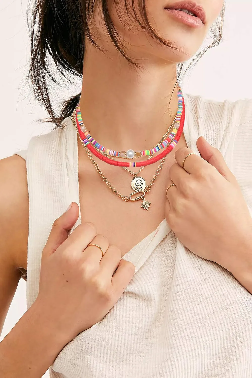 Heishi Surfer Choker Lightweight Rainbow African Vinyl Disc Beads Pearl Layered Necklace Boho Summer Beach Surf Jewelry For Women
