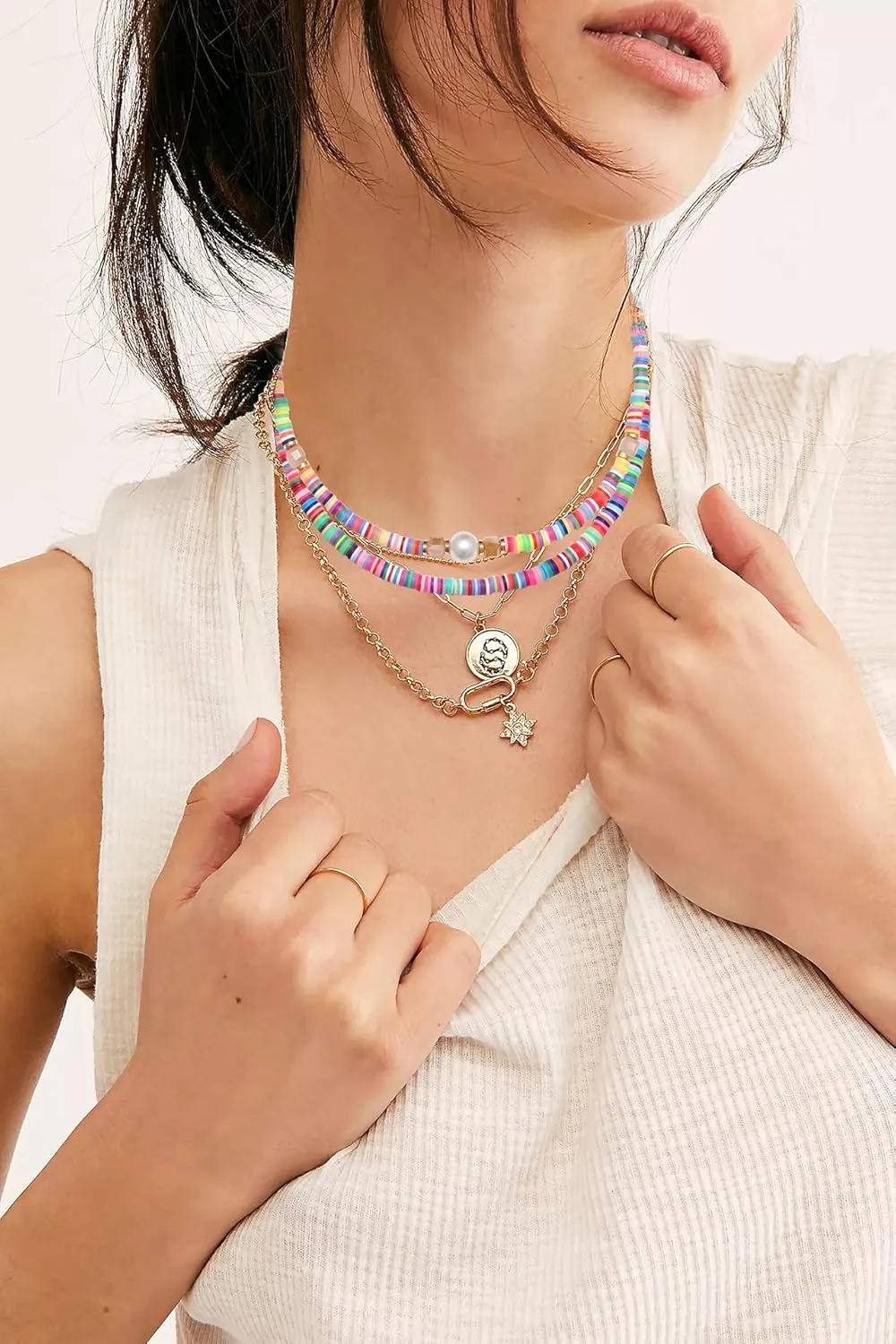 Heishi Surfer Choker Lightweight Rainbow African Vinyl Disc Beads Pearl Layered Necklace Boho Summer Beach Surf Jewelry For Women