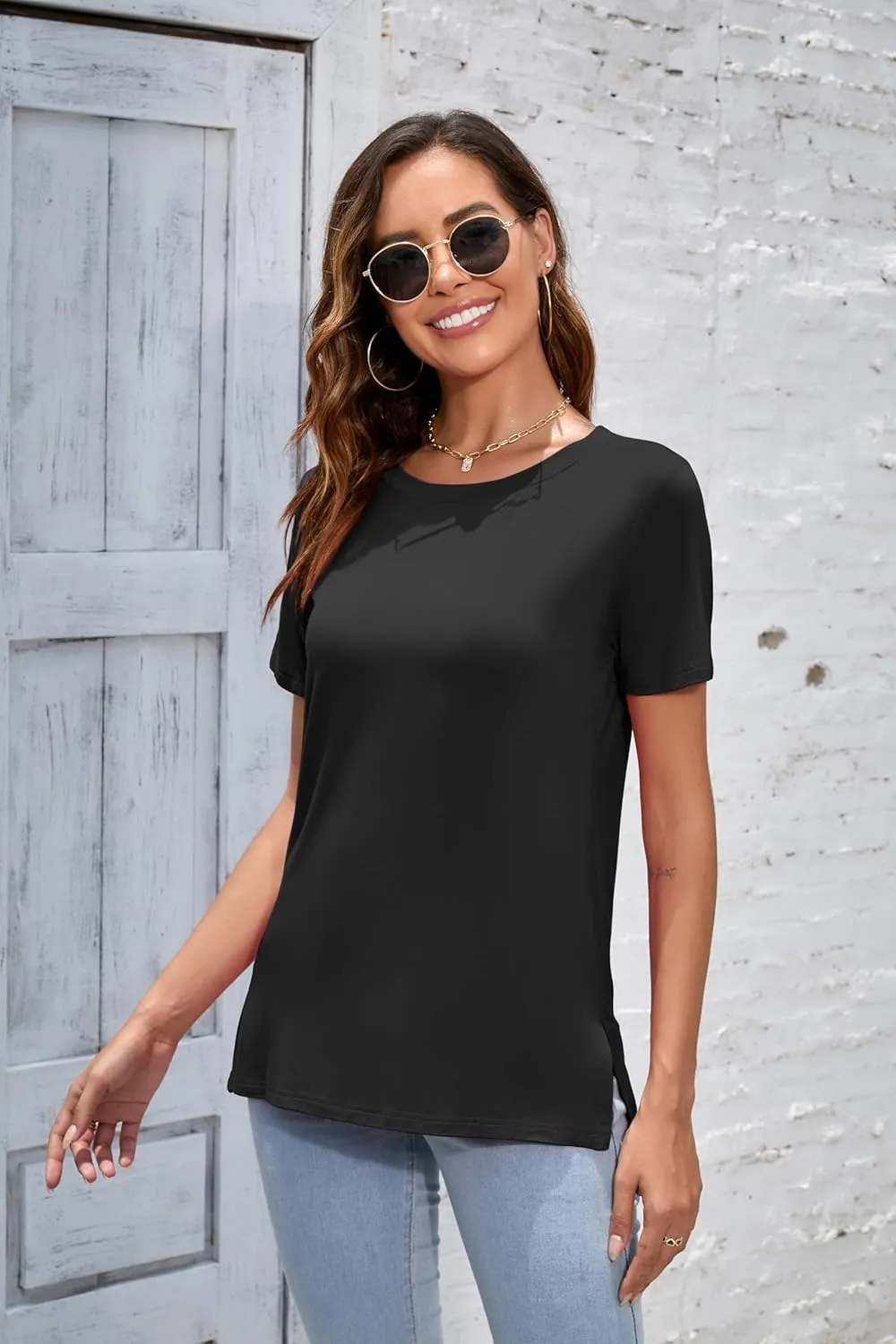 Herou Summer Women Casual Short Sleeve Tops T-Shirts Tees with Side Split