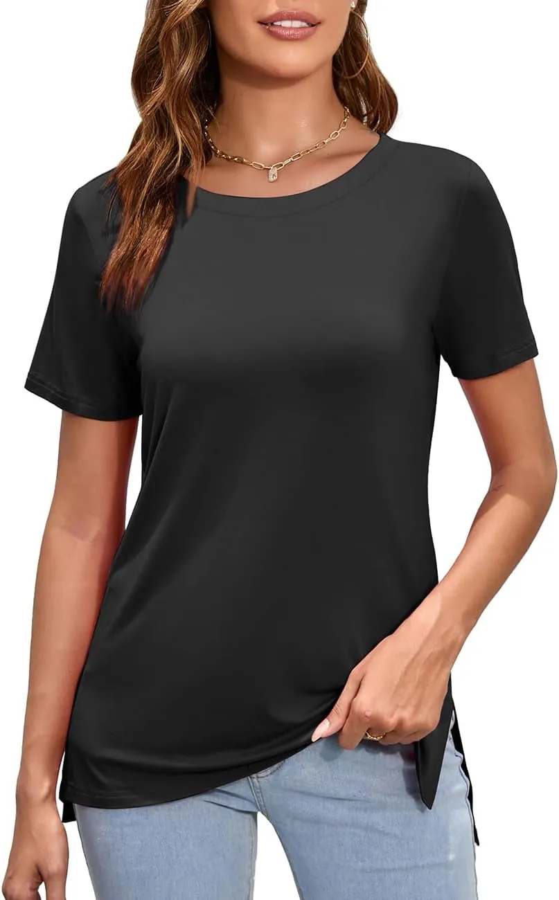 Herou Summer Women Casual Short Sleeve Tops T-Shirts Tees with Side Split