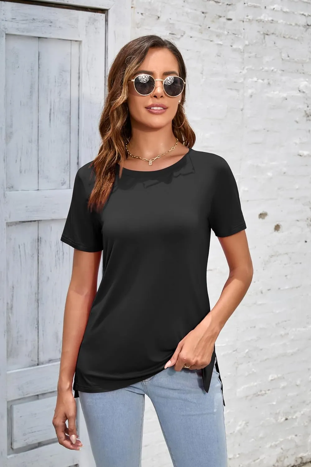 Herou Summer Women Casual Short Sleeve Tops T-Shirts Tees with Side Split
