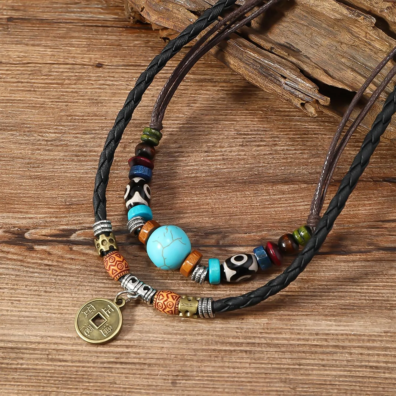 HETICA Western Layered Boho Wood Beads Choker Necklace Luck Copper Coins Heart Shaped Flower Braided Necklace Retro Fashion Adjustable Hemp Cords Wood Beads Beaded Choker Necklace for Women