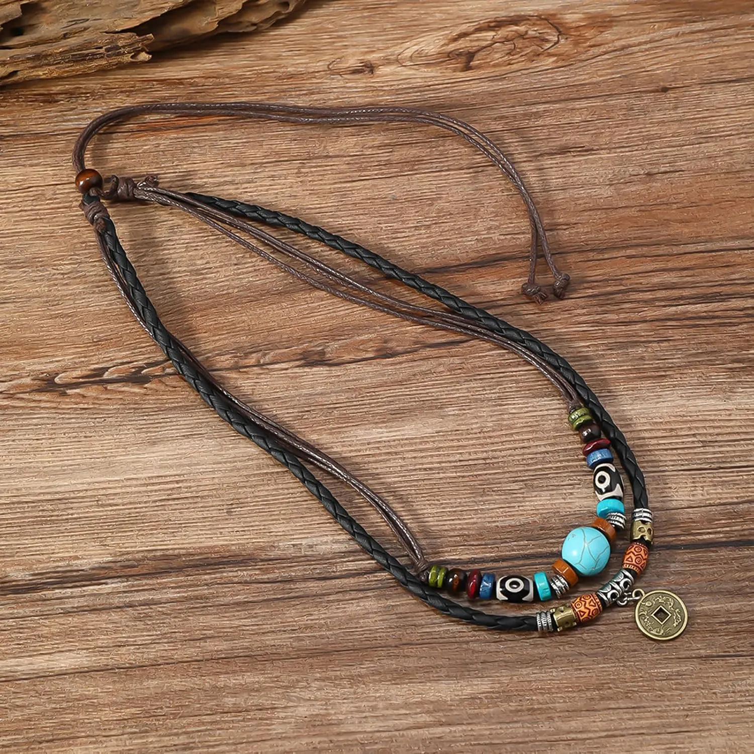 HETICA Western Layered Boho Wood Beads Choker Necklace Luck Copper Coins Heart Shaped Flower Braided Necklace Retro Fashion Adjustable Hemp Cords Wood Beads Beaded Choker Necklace for Women