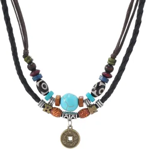 HETICA Western Layered Boho Wood Beads Choker Necklace Luck Copper Coins Heart Shaped Flower Braided Necklace Retro Fashion Adjustable Hemp Cords Wood Beads Beaded Choker Necklace for Women