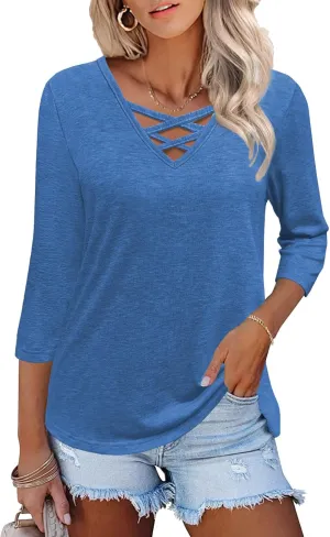Heymiss Womens Tops 3/4 Sleeve V Neck Shirts Loose Casual Tunic Blouses Criss Cross Summer Tshirts