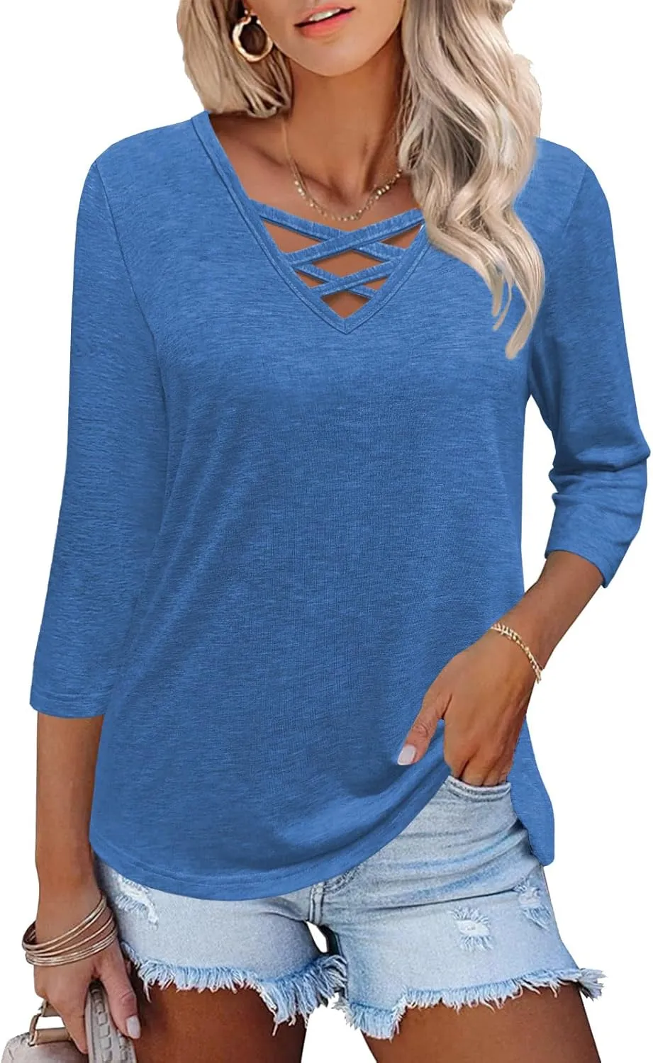 Heymiss Womens Tops 3/4 Sleeve V Neck Shirts Loose Casual Tunic Blouses Criss Cross Summer Tshirts