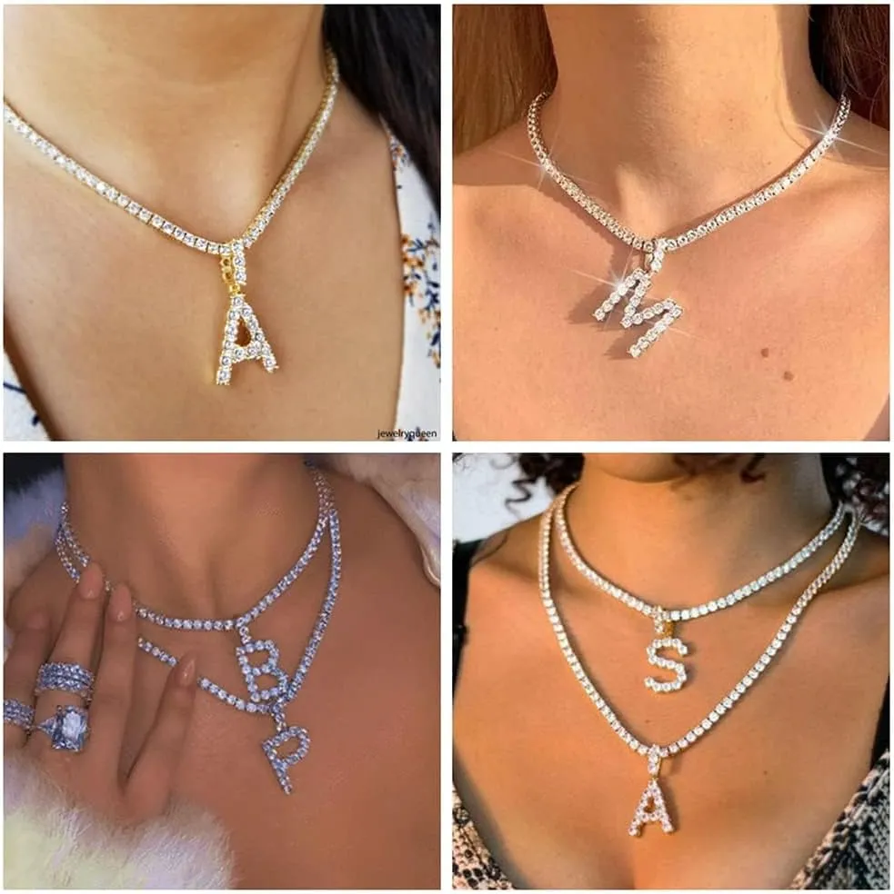 HH BLING EMPIRE Gold Silver Diamond Initial Necklaces for Women, Iced Out Initial Letter Pendants with Cz Diamond Tennis Necklace Chains, Alphabets A to Z letter necklace 18 Inch