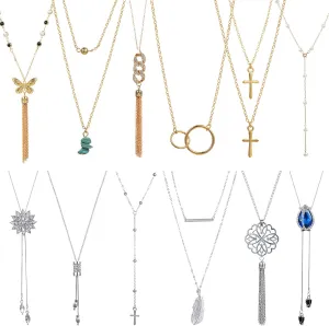Hicarer 12 Pieces Long Pendant Necklace Set Y Tassel Leaf Circle Bar Necklace for Women
