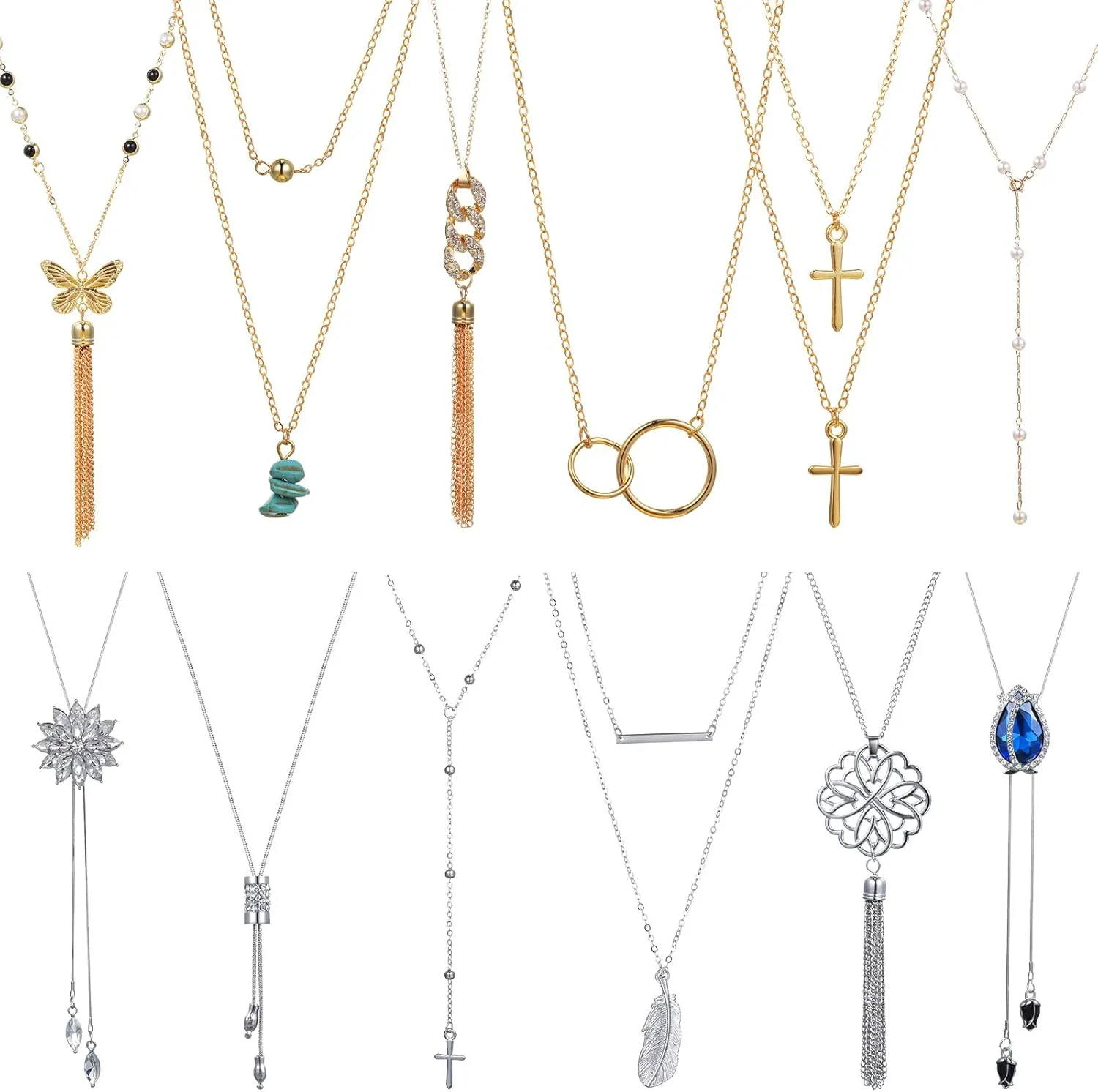 Hicarer 12 Pieces Long Pendant Necklace Set Y Tassel Leaf Circle Bar Necklace for Women