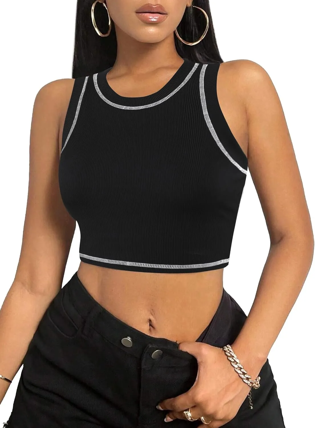 Hilinker Women's Summer Tank Tops Sleeveless Letter Graphic Printed Ribbed Knit Basic Crop Cami Tops Shirt