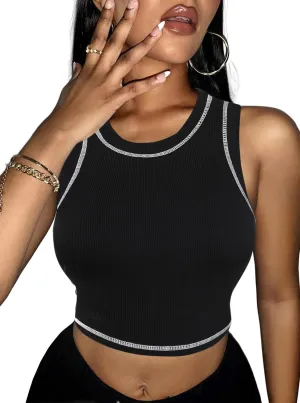 Hilinker Women's Summer Tank Tops Sleeveless Letter Graphic Printed Ribbed Knit Basic Crop Cami Tops Shirt