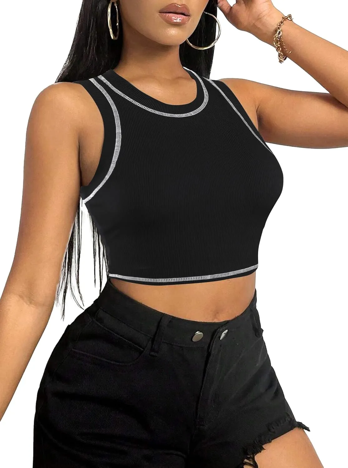 Hilinker Women's Summer Tank Tops Sleeveless Letter Graphic Printed Ribbed Knit Basic Crop Cami Tops Shirt