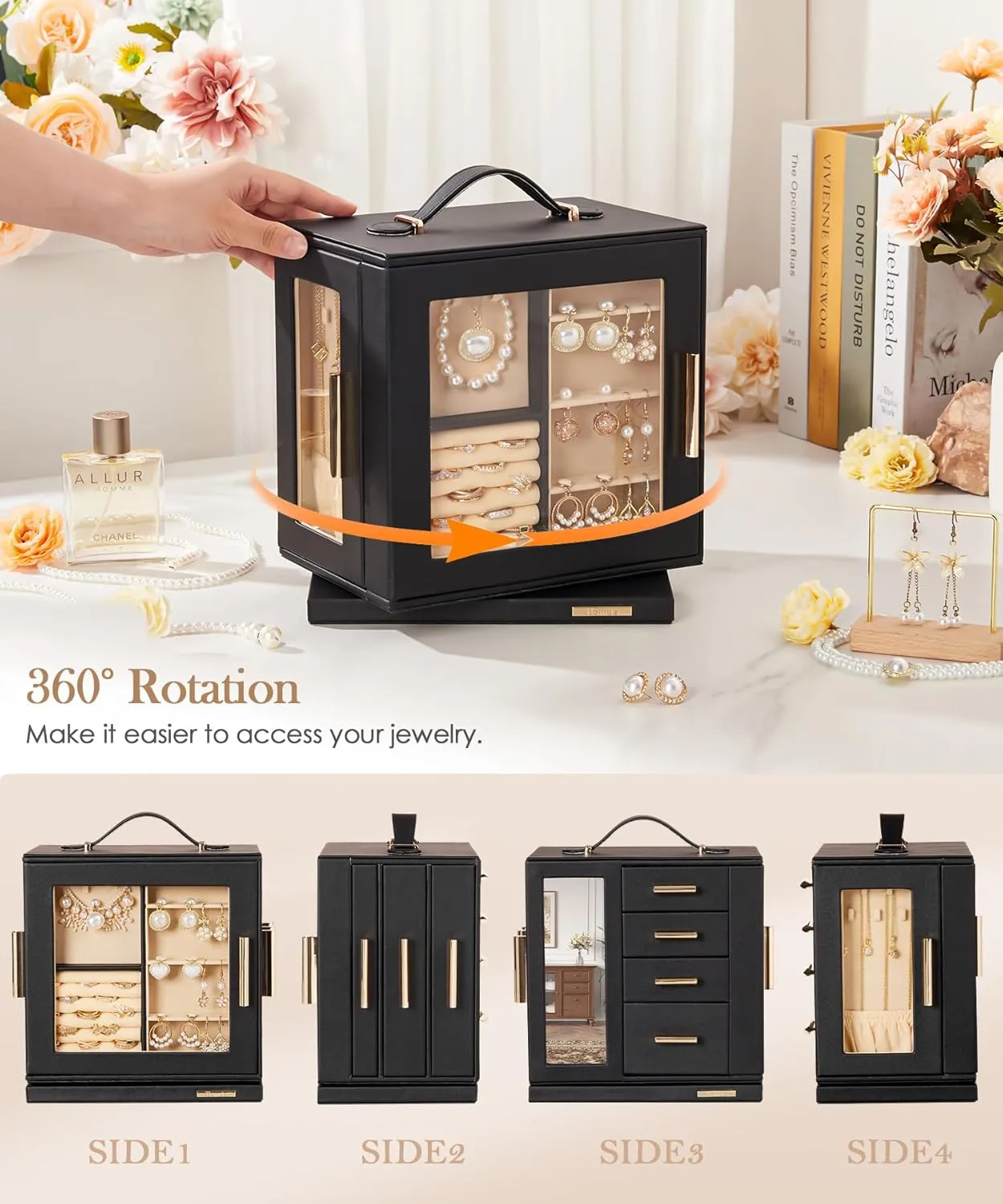 Homde Jewelry Box 360 Rotating, Necklace Earring Organizer with Transparent Window, Mirror, 7 Drawers, Large Ring Display Storage Case for Girls Women (Black)