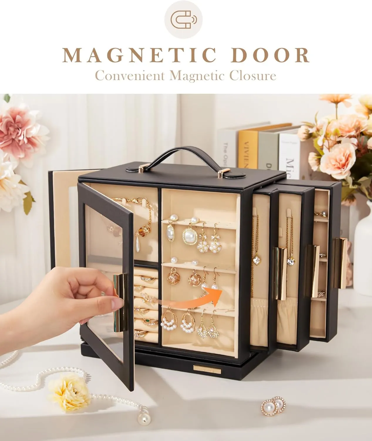 Homde Jewelry Box 360 Rotating, Necklace Earring Organizer with Transparent Window, Mirror, 7 Drawers, Large Ring Display Storage Case for Girls Women (Black)