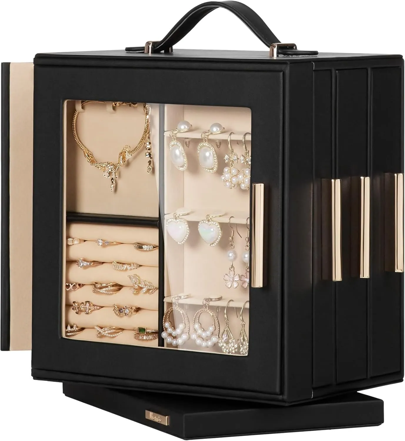 Homde Jewelry Box 360 Rotating, Necklace Earring Organizer with Transparent Window, Mirror, 7 Drawers, Large Ring Display Storage Case for Girls Women (Black)