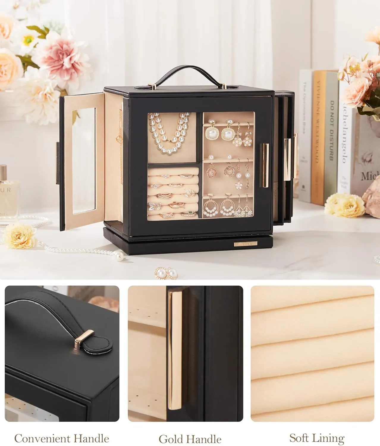 Homde Jewelry Box 360 Rotating, Necklace Earring Organizer with Transparent Window, Mirror, 7 Drawers, Large Ring Display Storage Case for Girls Women (Black)