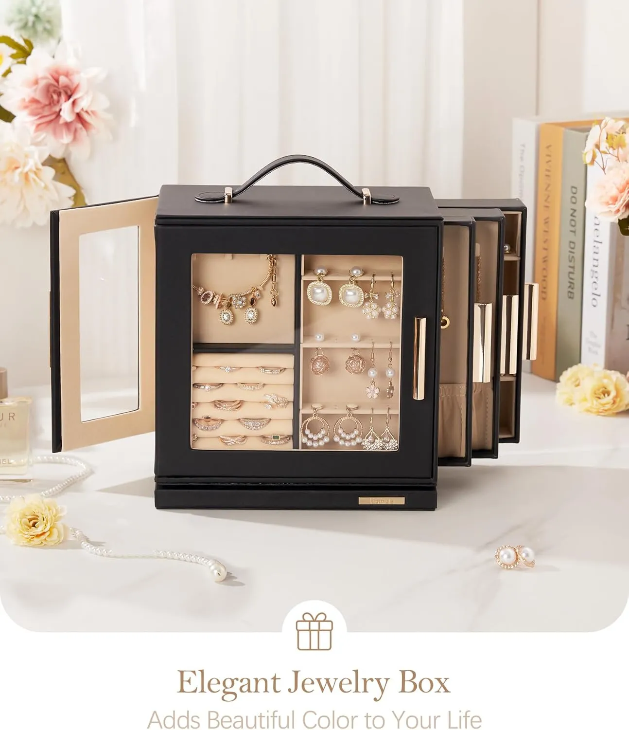 Homde Jewelry Box 360 Rotating, Necklace Earring Organizer with Transparent Window, Mirror, 7 Drawers, Large Ring Display Storage Case for Girls Women (Black)