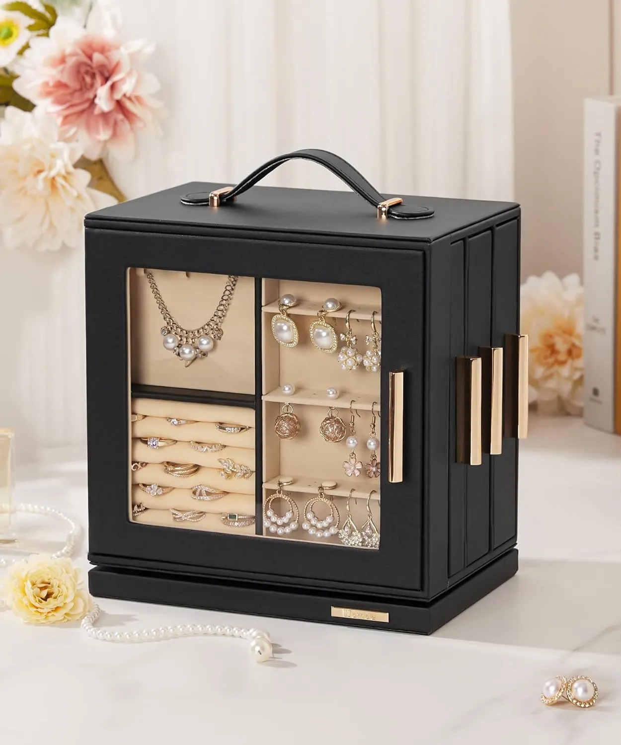 Homde Jewelry Box 360 Rotating, Necklace Earring Organizer with Transparent Window, Mirror, 7 Drawers, Large Ring Display Storage Case for Girls Women (Black)