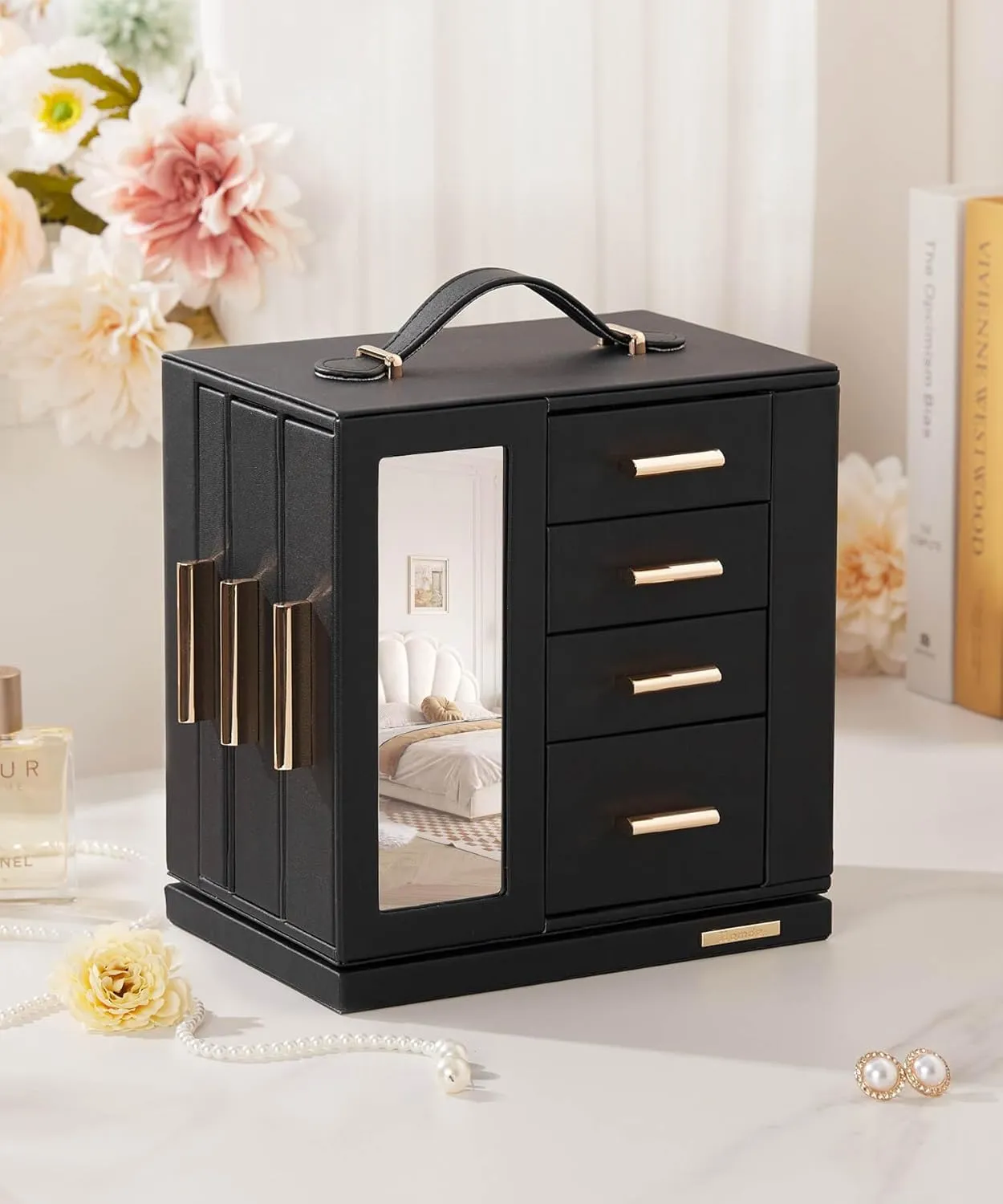 Homde Jewelry Box 360 Rotating, Necklace Earring Organizer with Transparent Window, Mirror, 7 Drawers, Large Ring Display Storage Case for Girls Women (Black)