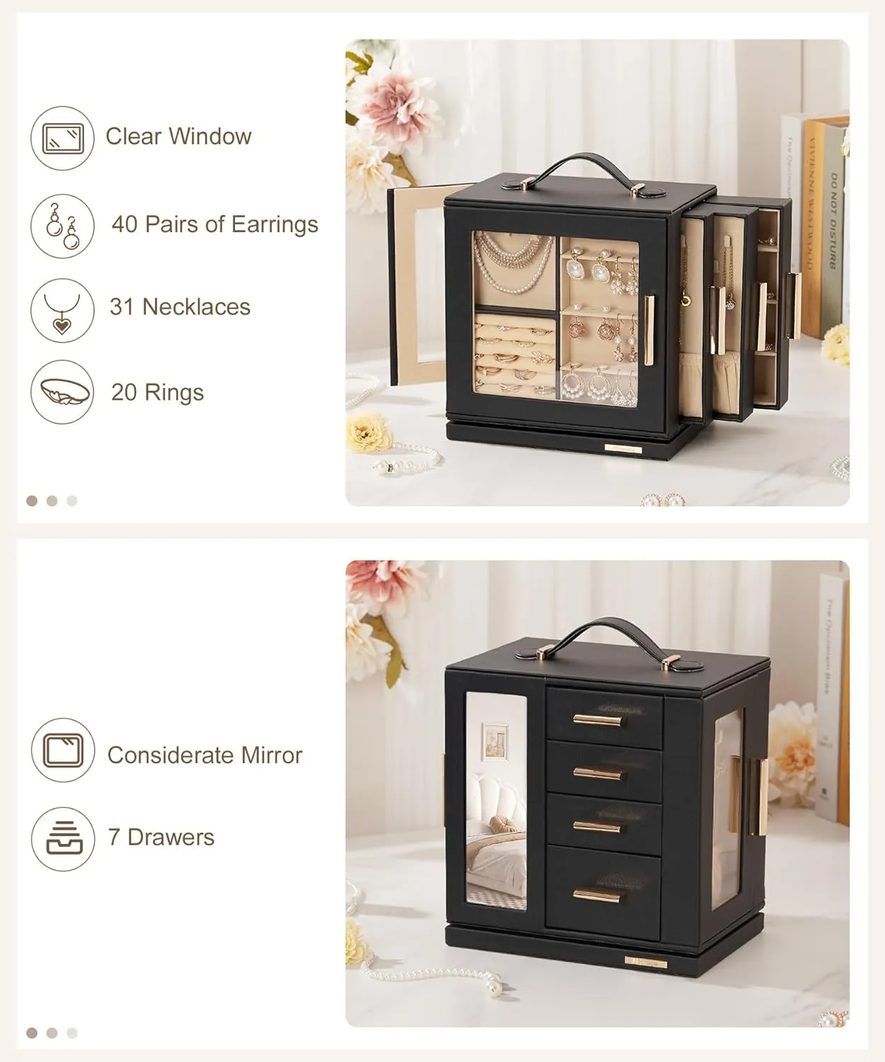 Homde Jewelry Box 360 Rotating, Necklace Earring Organizer with Transparent Window, Mirror, 7 Drawers, Large Ring Display Storage Case for Girls Women (Black)