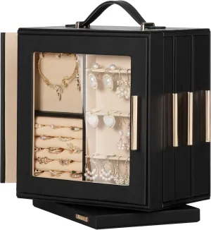 Homde Jewelry Box 360 Rotating, Necklace Earring Organizer with Transparent Window, Mirror, 7 Drawers, Large Ring Display Storage Case for Girls Women (Black)