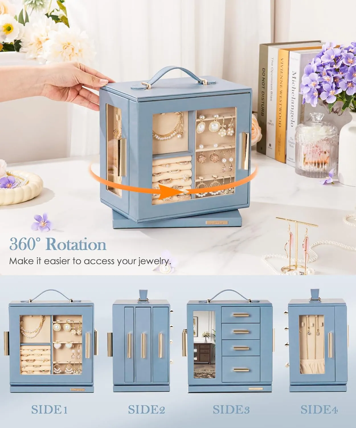 Homde Jewelry Box 360 Rotating, Necklace Earring Organizer with Transparent Window, Mirror, 7 Drawers, Large Ring Display Storage Case for Girls Women (Grey Blue)