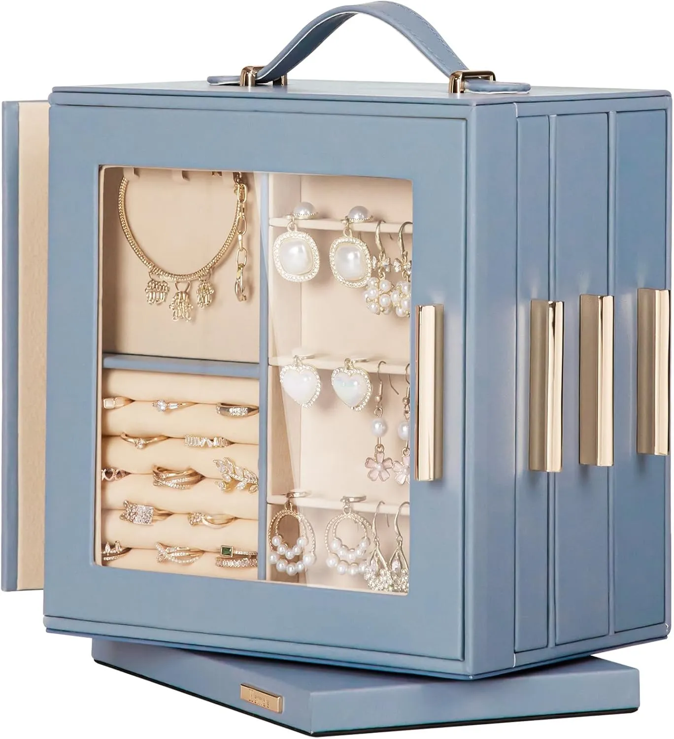 Homde Jewelry Box 360 Rotating, Necklace Earring Organizer with Transparent Window, Mirror, 7 Drawers, Large Ring Display Storage Case for Girls Women (Grey Blue)