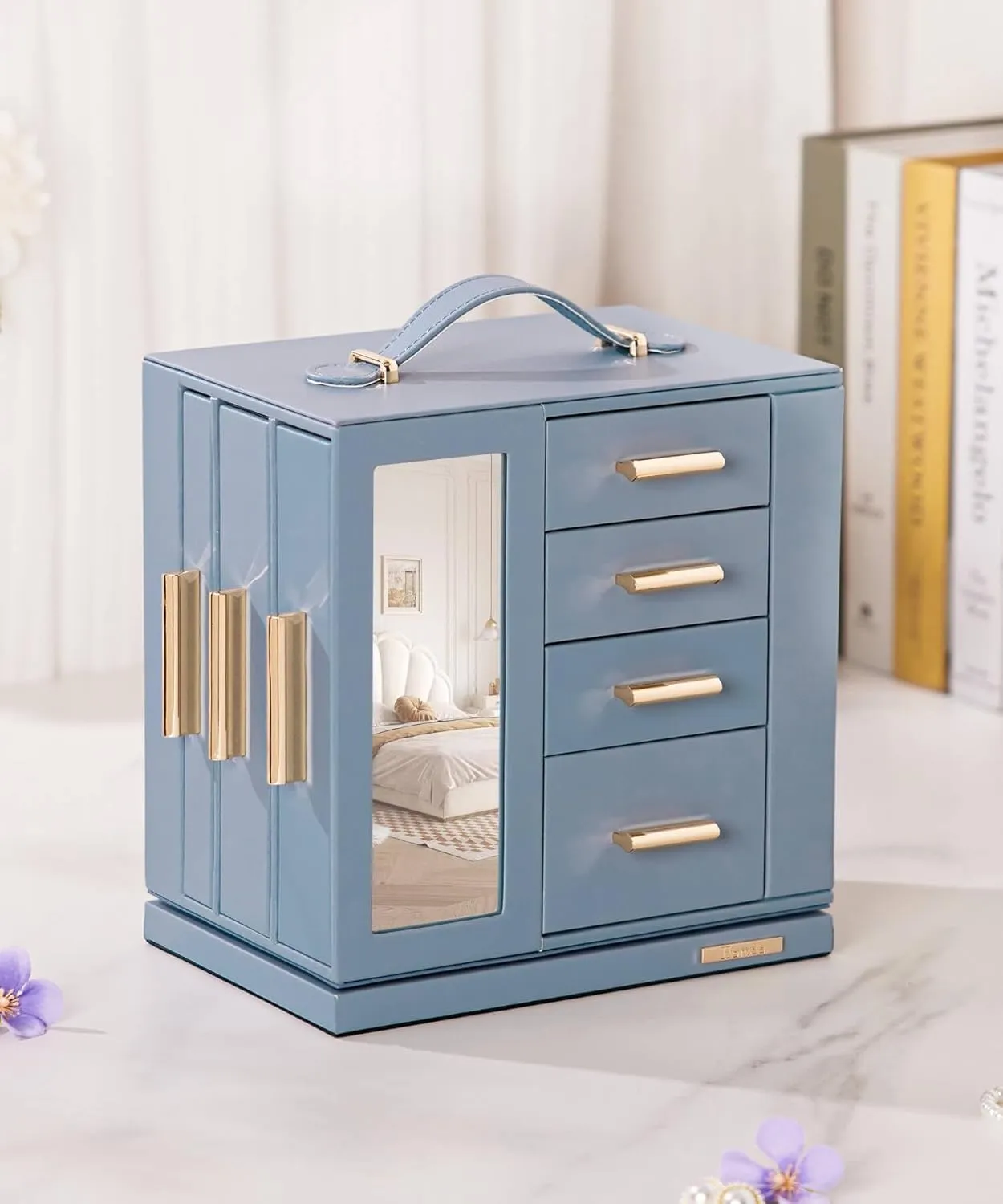 Homde Jewelry Box 360 Rotating, Necklace Earring Organizer with Transparent Window, Mirror, 7 Drawers, Large Ring Display Storage Case for Girls Women (Grey Blue)