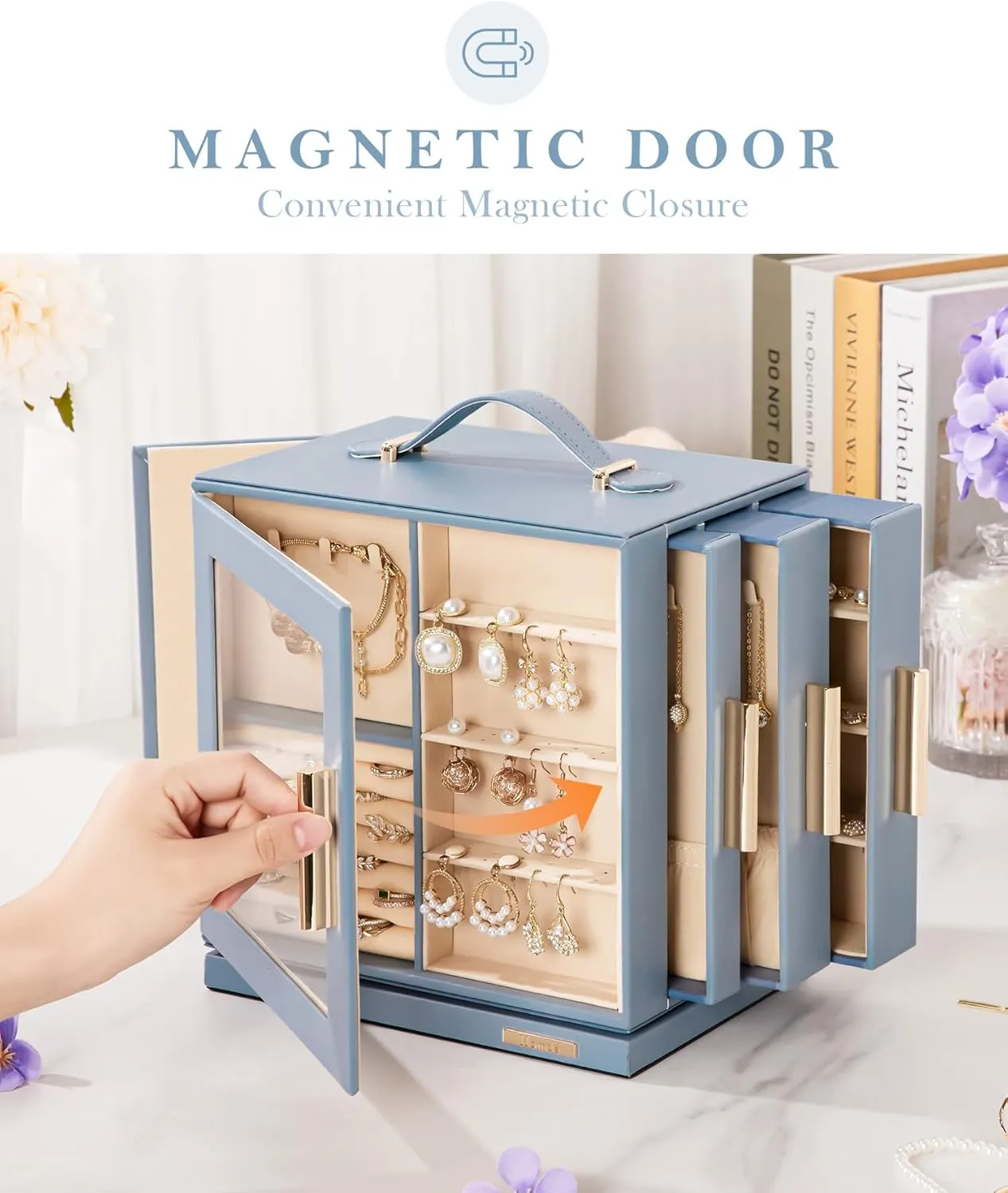 Homde Jewelry Box 360 Rotating, Necklace Earring Organizer with Transparent Window, Mirror, 7 Drawers, Large Ring Display Storage Case for Girls Women (Grey Blue)