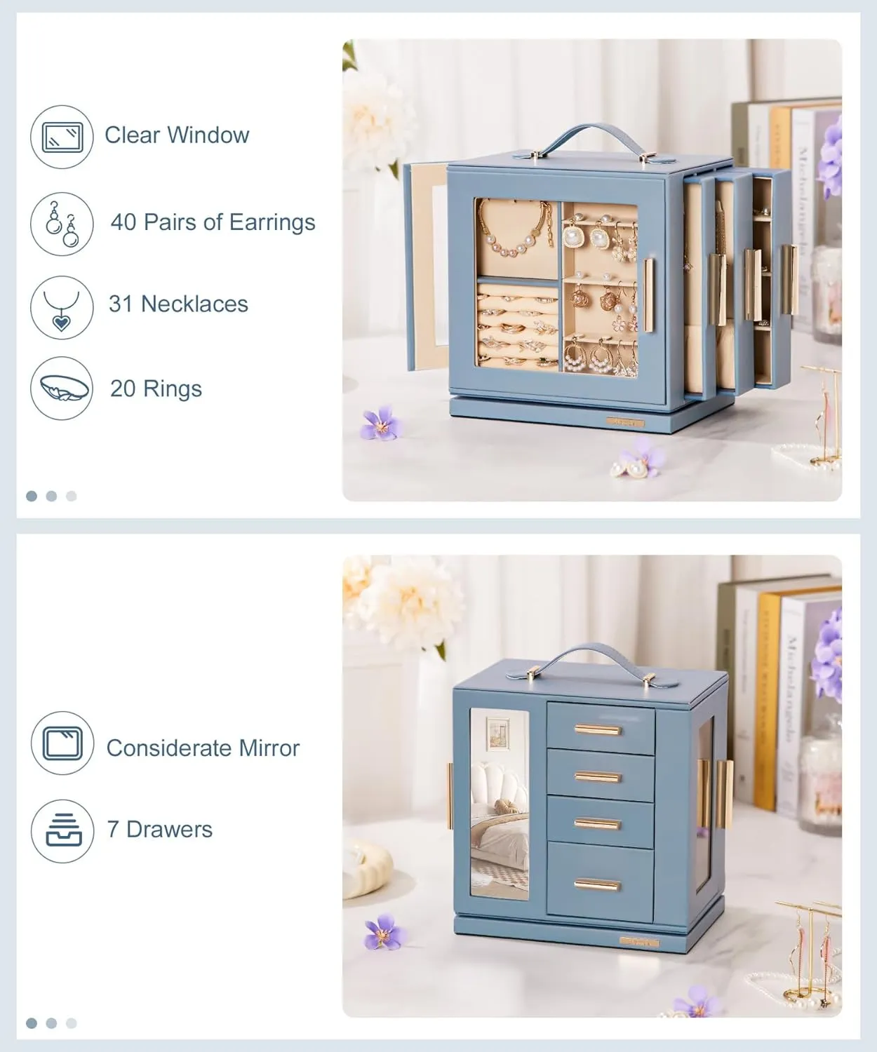 Homde Jewelry Box 360 Rotating, Necklace Earring Organizer with Transparent Window, Mirror, 7 Drawers, Large Ring Display Storage Case for Girls Women (Grey Blue)