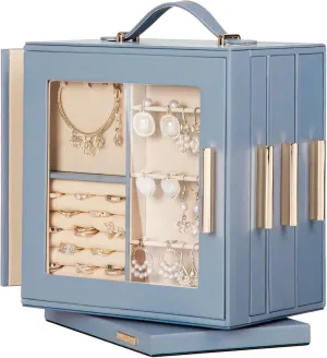 Homde Jewelry Box 360 Rotating, Necklace Earring Organizer with Transparent Window, Mirror, 7 Drawers, Large Ring Display Storage Case for Girls Women (Grey Blue)