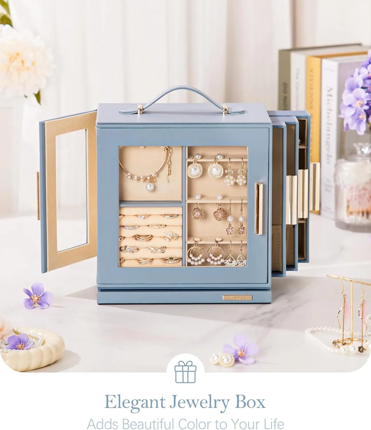 Homde Jewelry Box 360 Rotating, Necklace Earring Organizer with Transparent Window, Mirror, 7 Drawers, Large Ring Display Storage Case for Girls Women (Grey Blue)