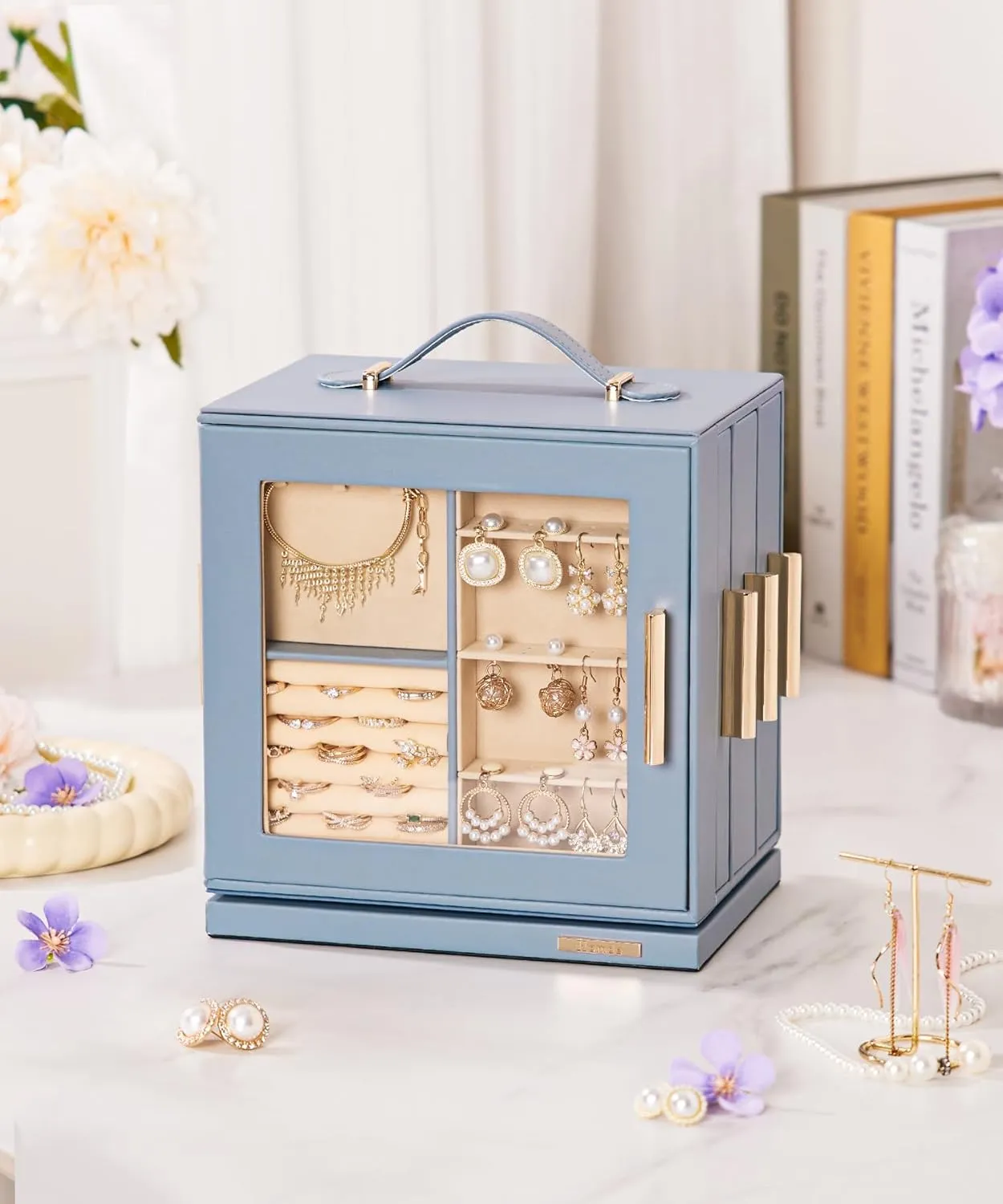 Homde Jewelry Box 360 Rotating, Necklace Earring Organizer with Transparent Window, Mirror, 7 Drawers, Large Ring Display Storage Case for Girls Women (Grey Blue)