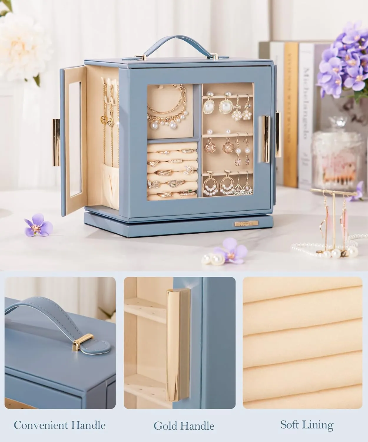Homde Jewelry Box 360 Rotating, Necklace Earring Organizer with Transparent Window, Mirror, 7 Drawers, Large Ring Display Storage Case for Girls Women (Grey Blue)