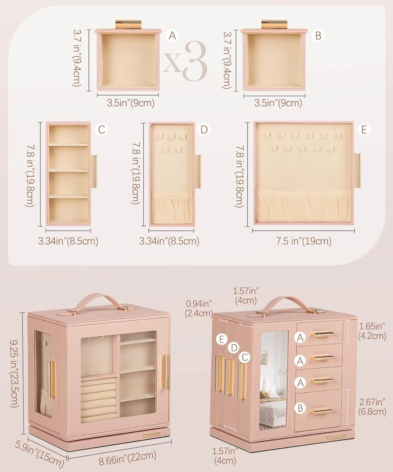 Homde Jewelry Box 360 Rotating, Necklace Earring Organizer with Transparent Window, Mirror, 7 Drawers, Large Ring Display Storage Case for Girls Women (Peach Pink)