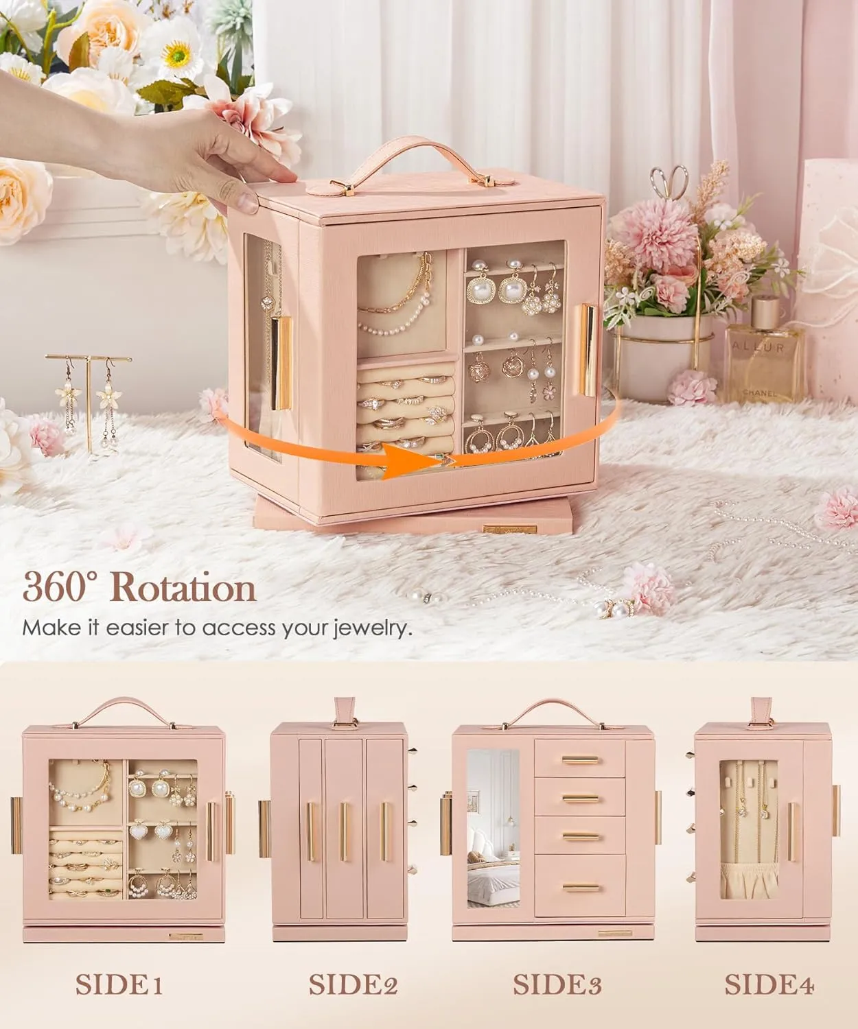 Homde Jewelry Box 360 Rotating, Necklace Earring Organizer with Transparent Window, Mirror, 7 Drawers, Large Ring Display Storage Case for Girls Women (Peach Pink)