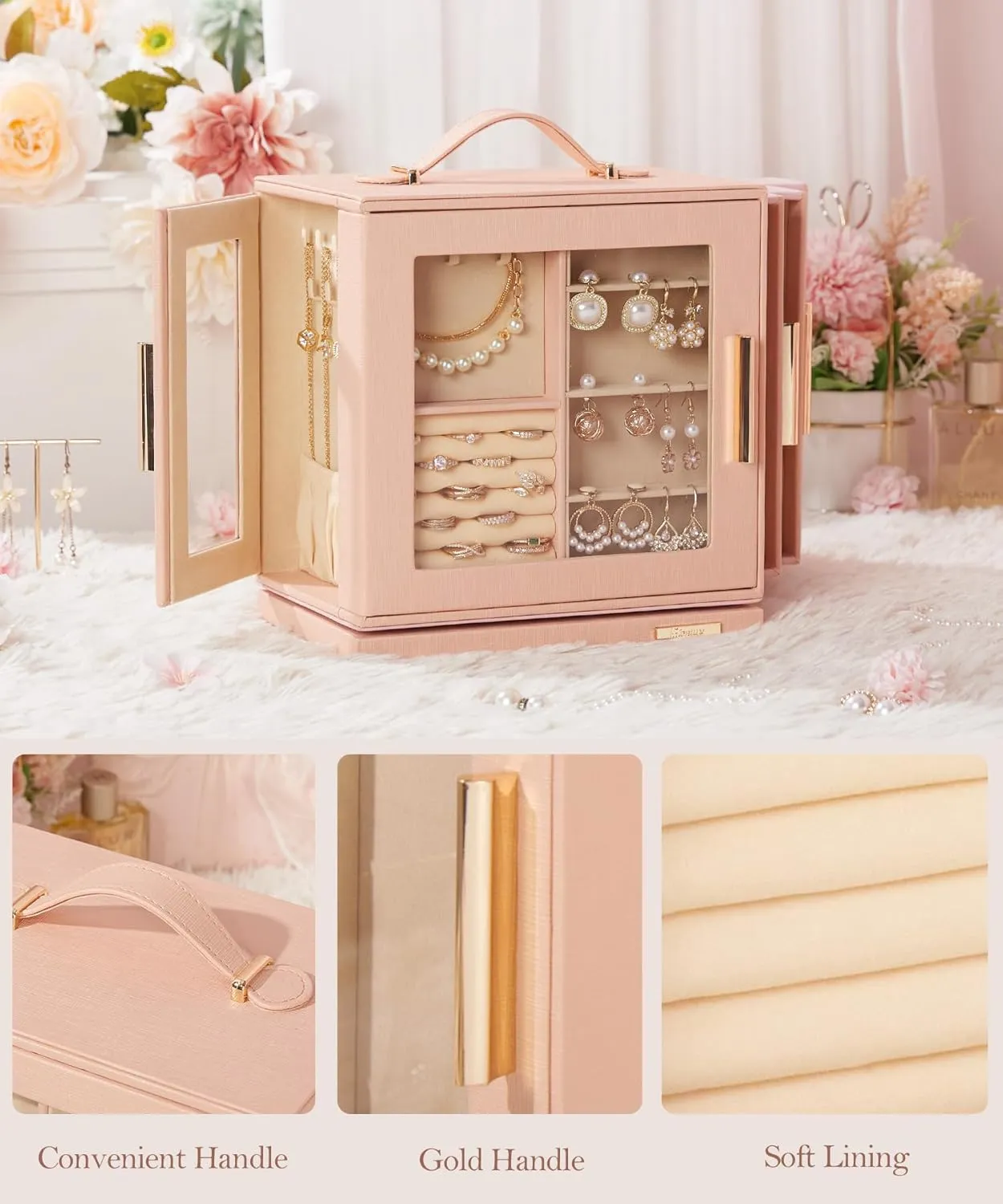 Homde Jewelry Box 360 Rotating, Necklace Earring Organizer with Transparent Window, Mirror, 7 Drawers, Large Ring Display Storage Case for Girls Women (Peach Pink)