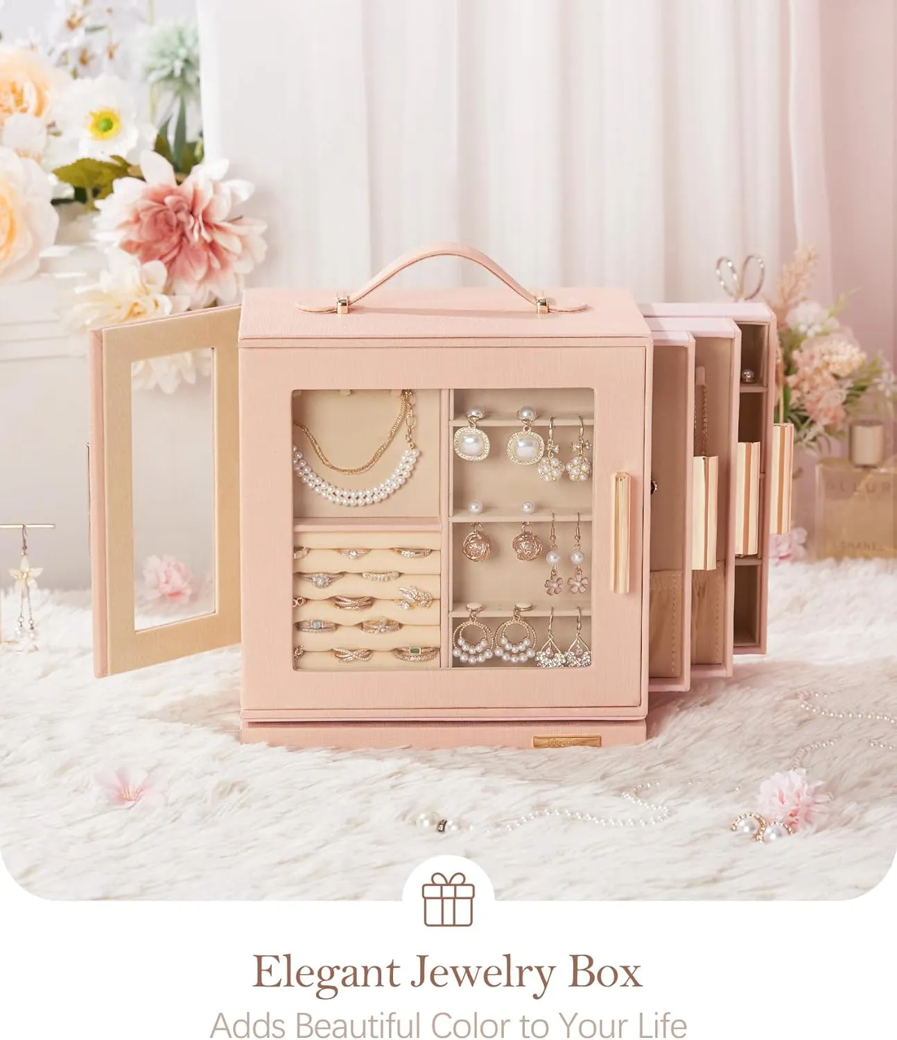 Homde Jewelry Box 360 Rotating, Necklace Earring Organizer with Transparent Window, Mirror, 7 Drawers, Large Ring Display Storage Case for Girls Women (Peach Pink)