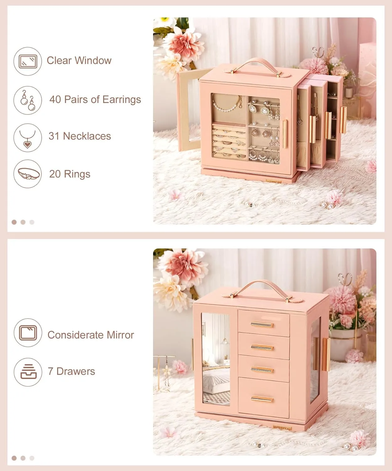 Homde Jewelry Box 360 Rotating, Necklace Earring Organizer with Transparent Window, Mirror, 7 Drawers, Large Ring Display Storage Case for Girls Women (Peach Pink)
