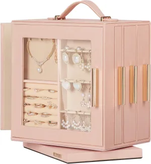 Homde Jewelry Box 360 Rotating, Necklace Earring Organizer with Transparent Window, Mirror, 7 Drawers, Large Ring Display Storage Case for Girls Women (Peach Pink)