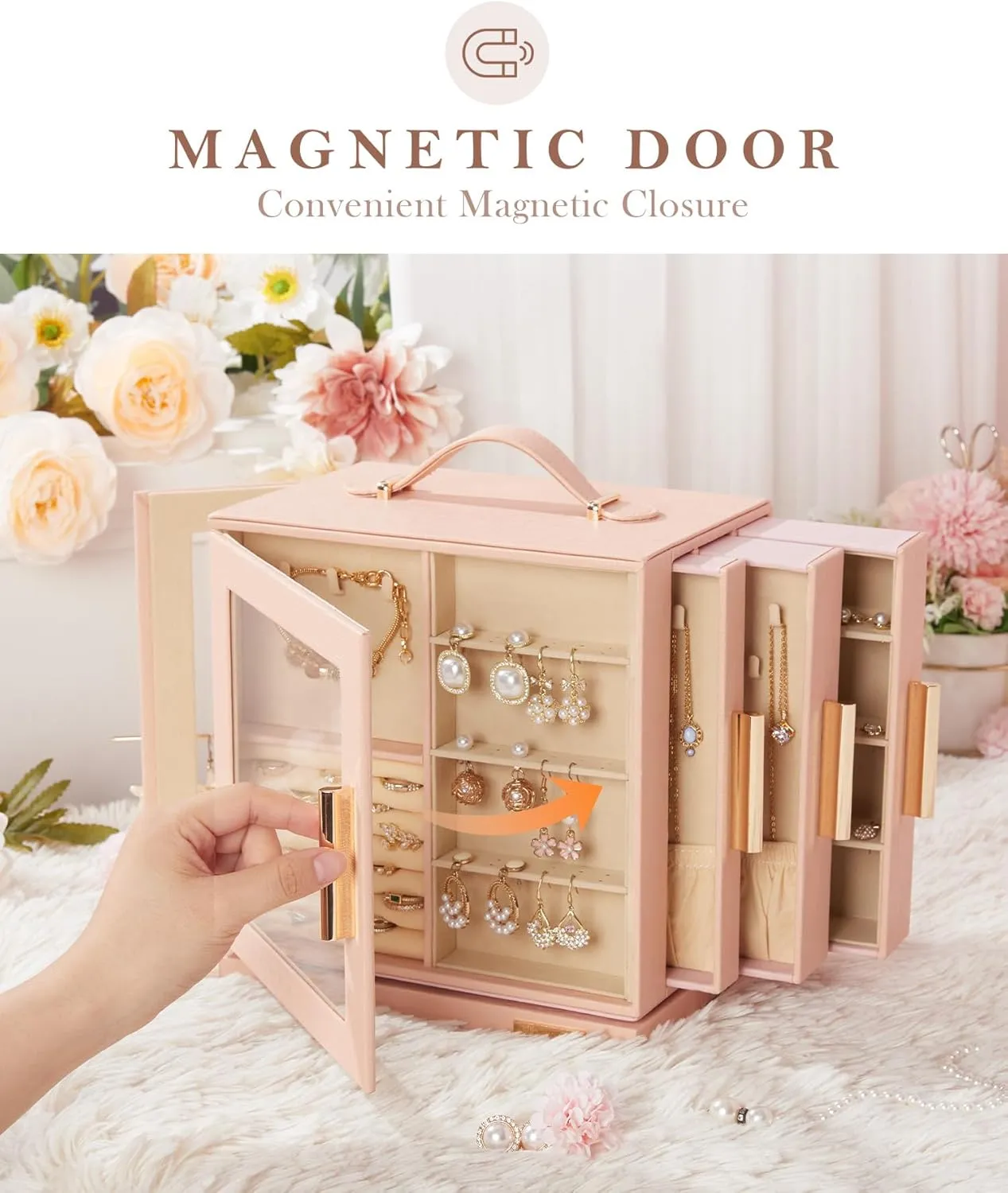 Homde Jewelry Box 360 Rotating, Necklace Earring Organizer with Transparent Window, Mirror, 7 Drawers, Large Ring Display Storage Case for Girls Women (Peach Pink)