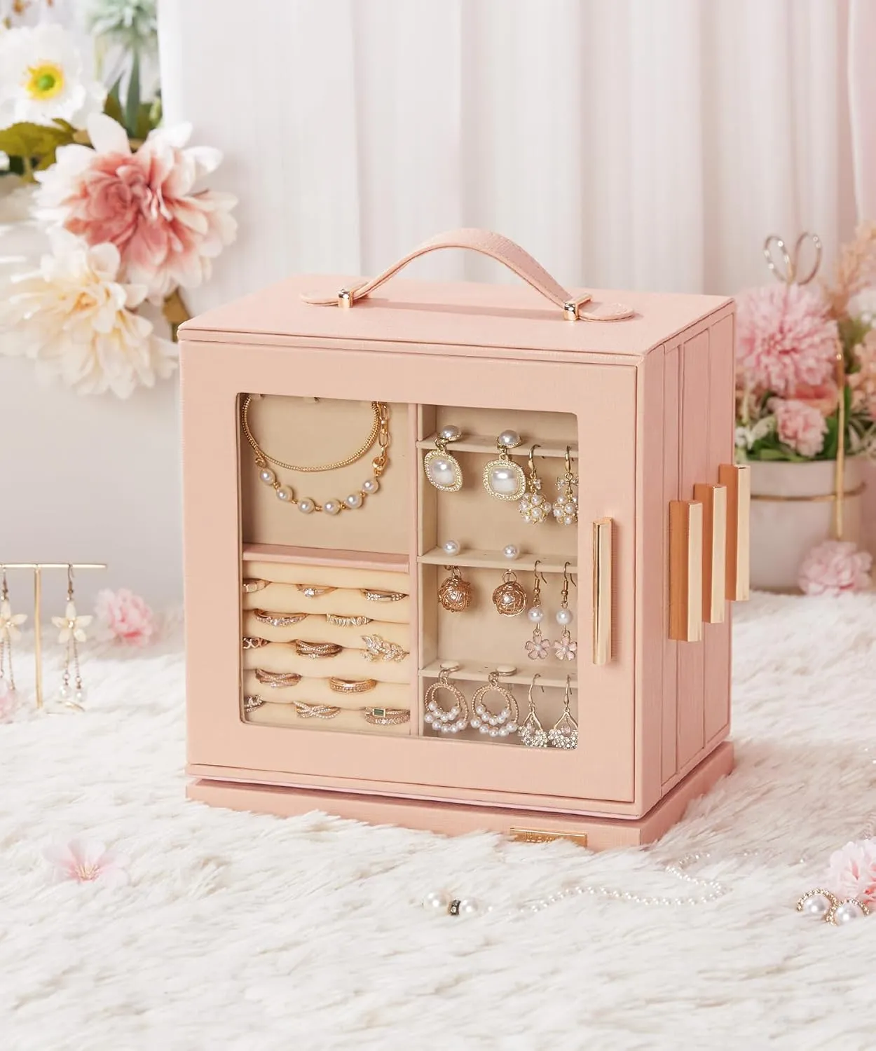 Homde Jewelry Box 360 Rotating, Necklace Earring Organizer with Transparent Window, Mirror, 7 Drawers, Large Ring Display Storage Case for Girls Women (Peach Pink)