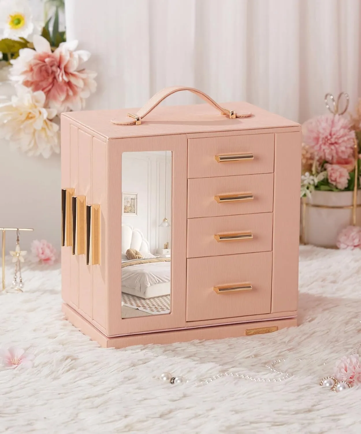 Homde Jewelry Box 360 Rotating, Necklace Earring Organizer with Transparent Window, Mirror, 7 Drawers, Large Ring Display Storage Case for Girls Women (Peach Pink)