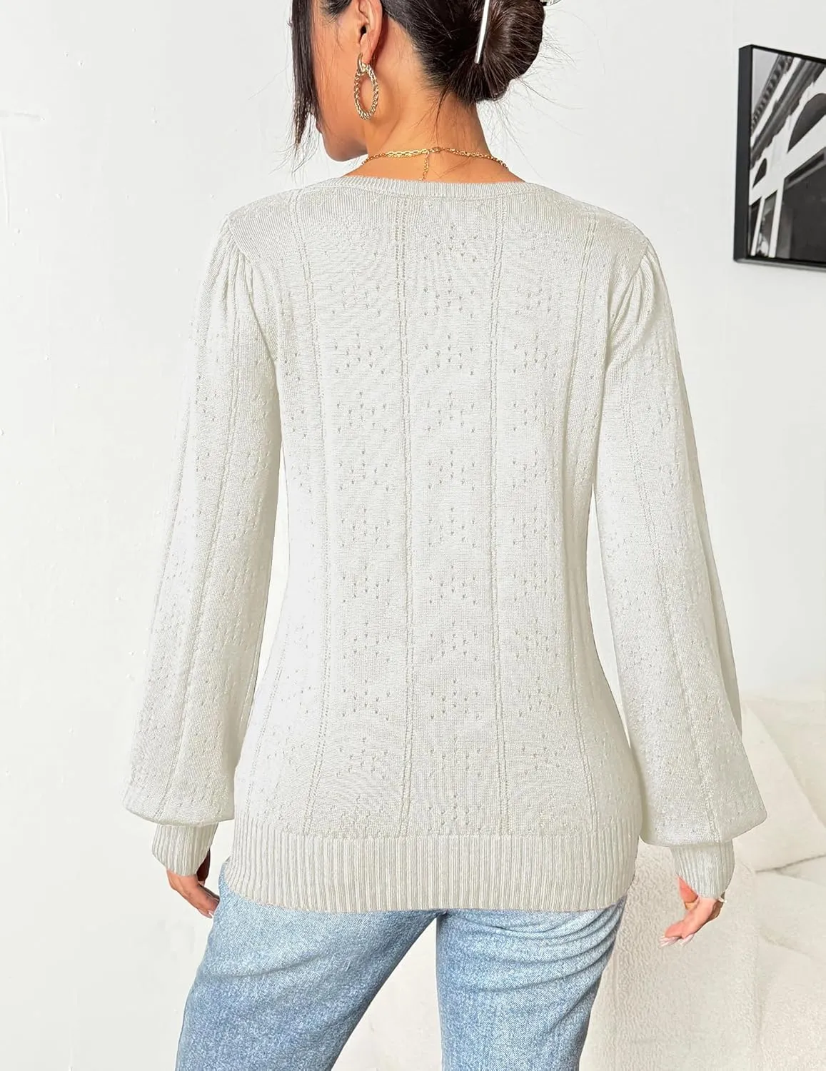 HOTOUCH Womens Puff Sleeve Tops Spring Summer 2025 Trendy Casual Knit Sweaters Square Neck Cute Tunic Pullover Blouses Shirts