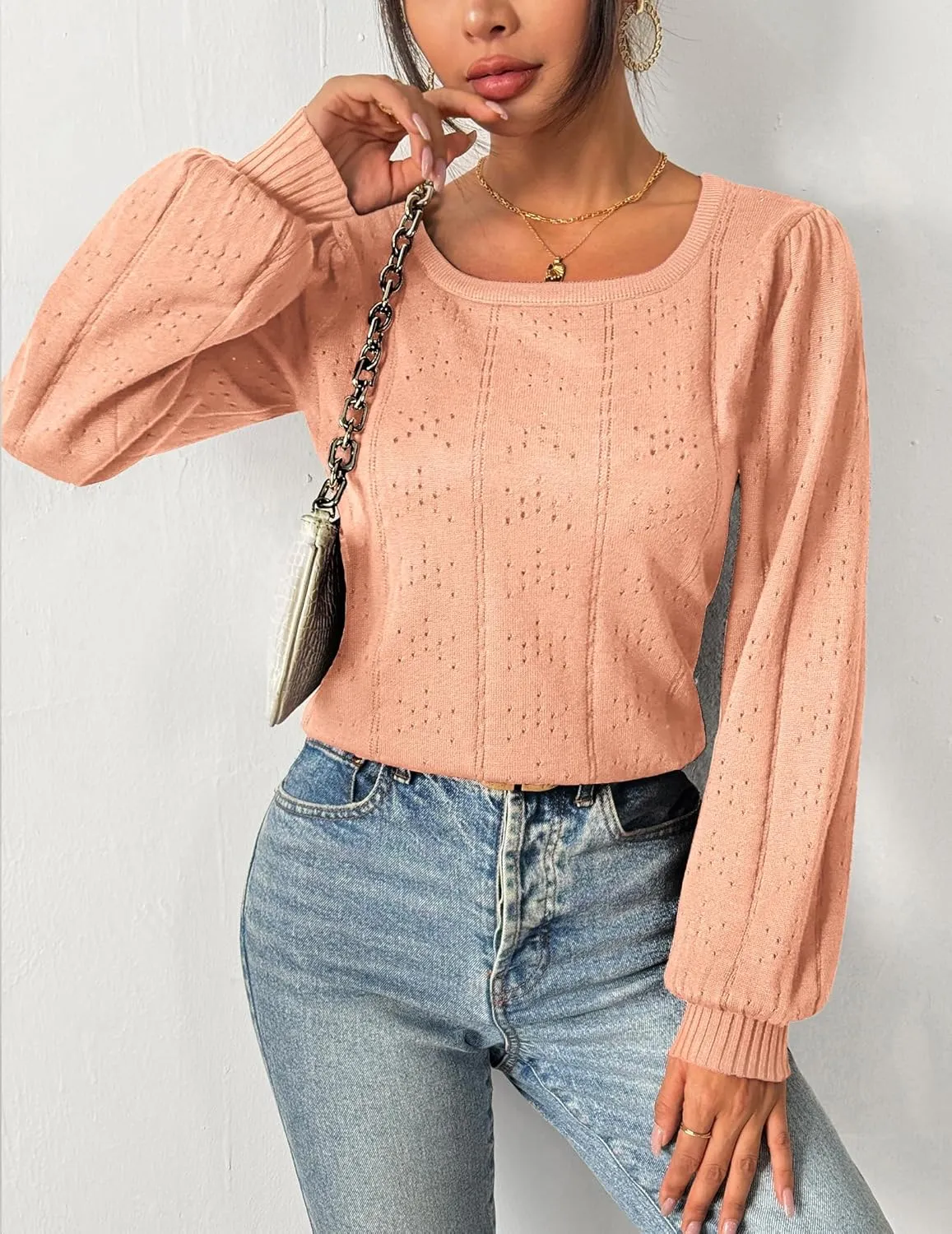 HOTOUCH Womens Puff Sleeve Tops Spring Summer 2025 Trendy Casual Knit Sweaters Square Neck Cute Tunic Pullover Blouses Shirts