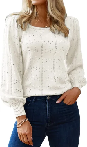 HOTOUCH Womens Puff Sleeve Tops Spring Summer 2025 Trendy Casual Knit Sweaters Square Neck Cute Tunic Pullover Blouses Shirts